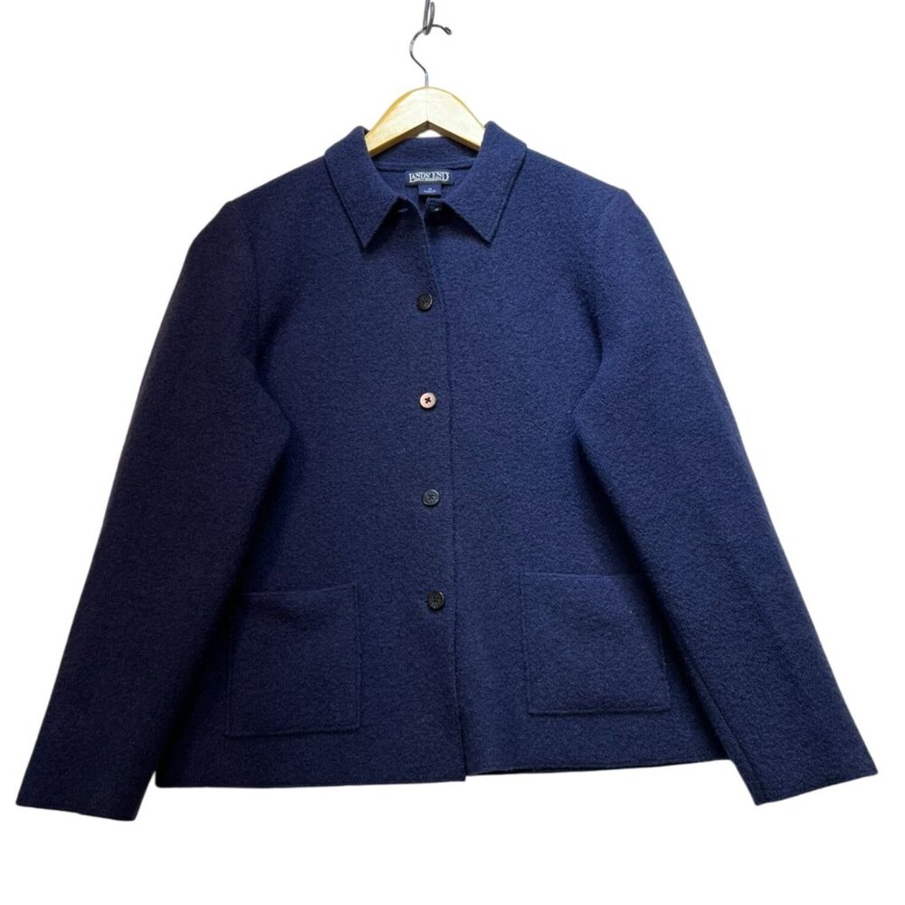 Lands End Womens Blazer Jacket Size 12 Navy Button Front Collared Cozy Pockets